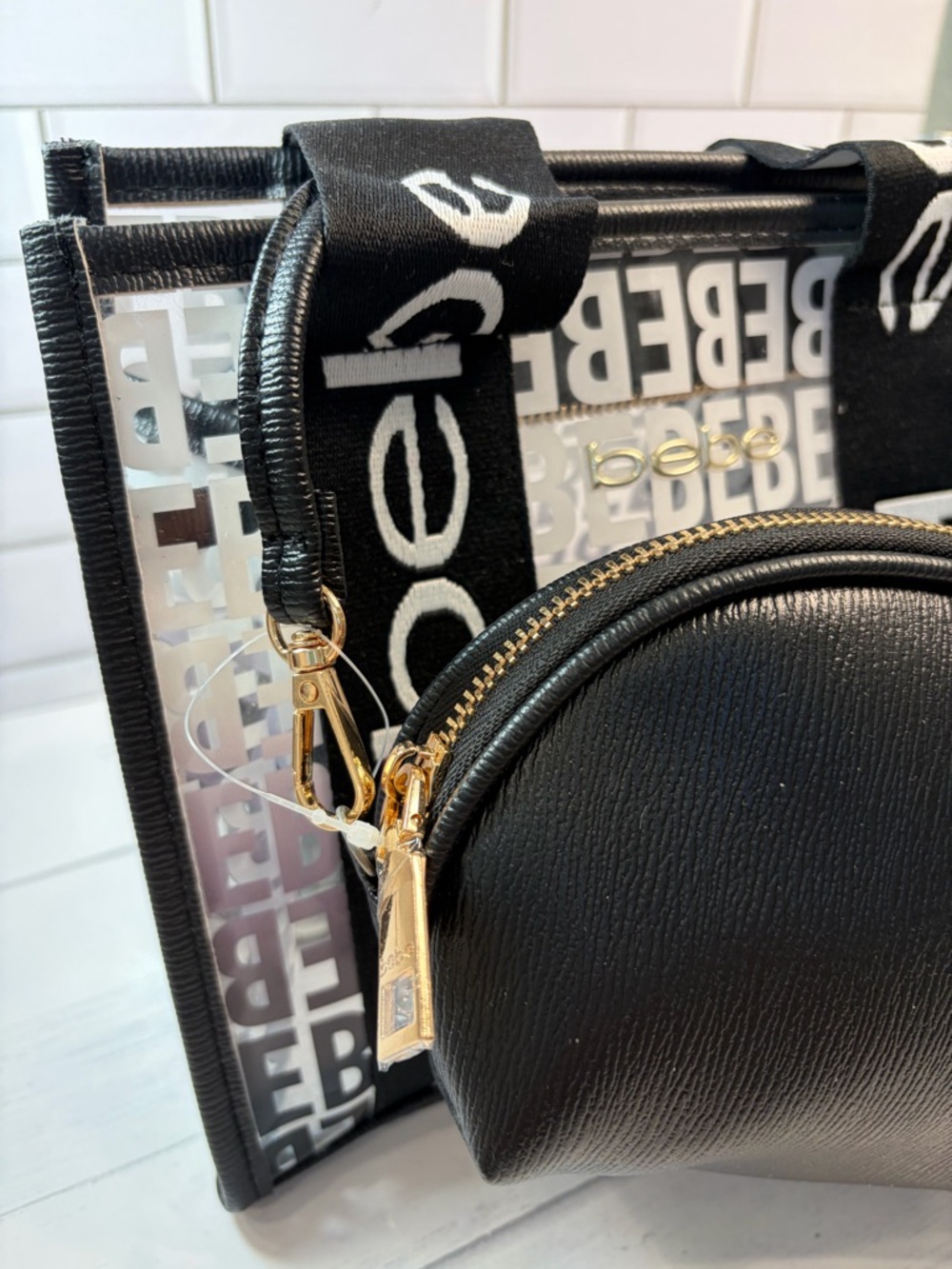 Bebe Black Clear Logo Tote with Black Pouch women satchel - Picture 6 of 9